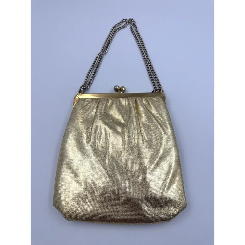 Vintage Gold Satin Evening Bag Ornate Frame Chain Strap‎ Clutch w/ Coin Bag
